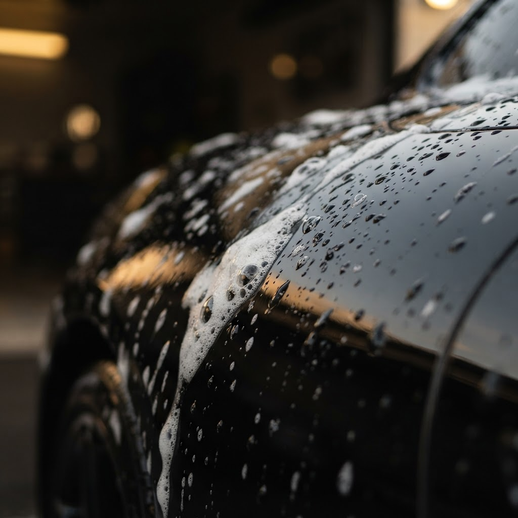 Close-up of a glossy black car being professionally detailed