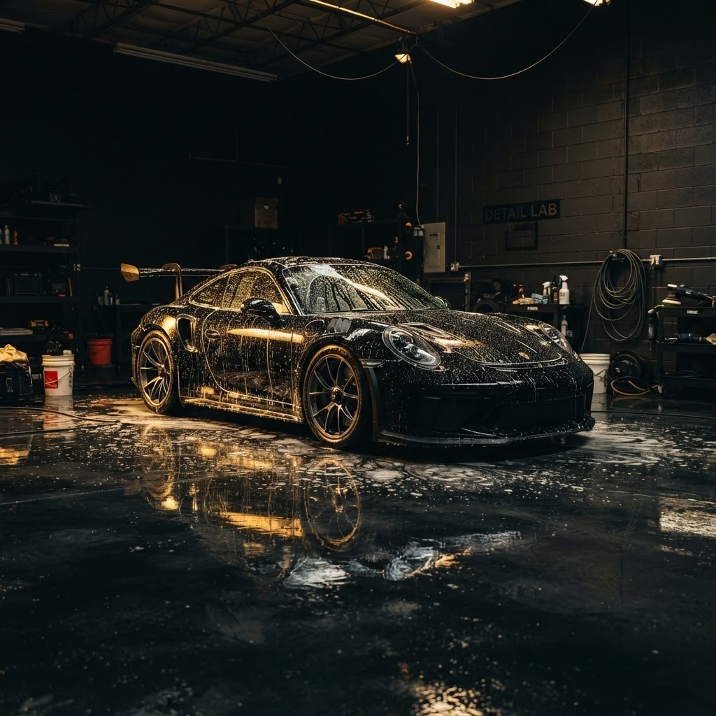 Glossy black luxury car being professionally detailed